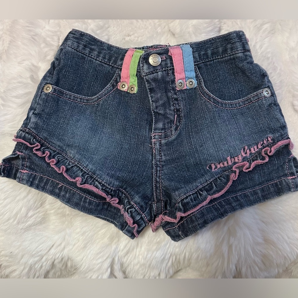 Baby Guess Denim Shorts 6-9M Ruffle Trim Heart Pockets Pink Stitch